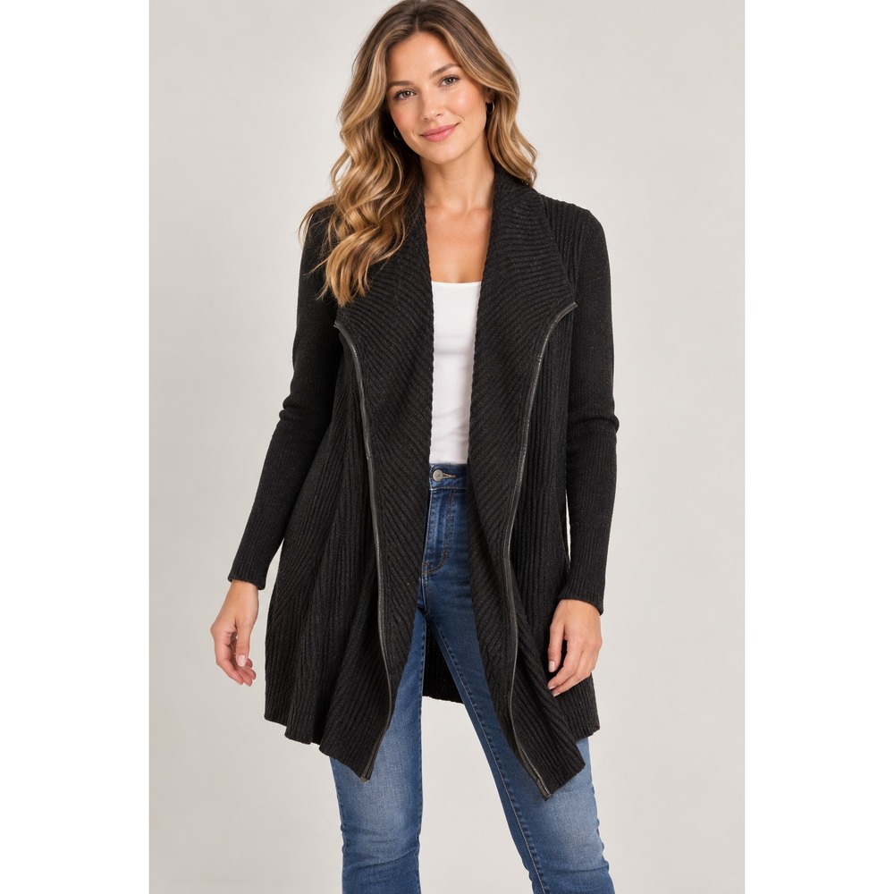 VINCE Cashmere Wool Blend Cardigan Leather Trim‎ Open Front Sweater S Dark Gray
